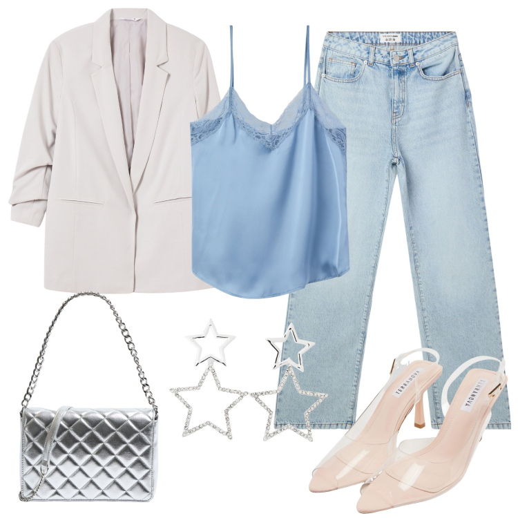 Outfit donna - Aperitivo tra amiche. Stile Glamour per Serata fuori. Abbinamento con jeans dritti, sandali col tacco, blazer, orecchini, top, borse a tracolla.