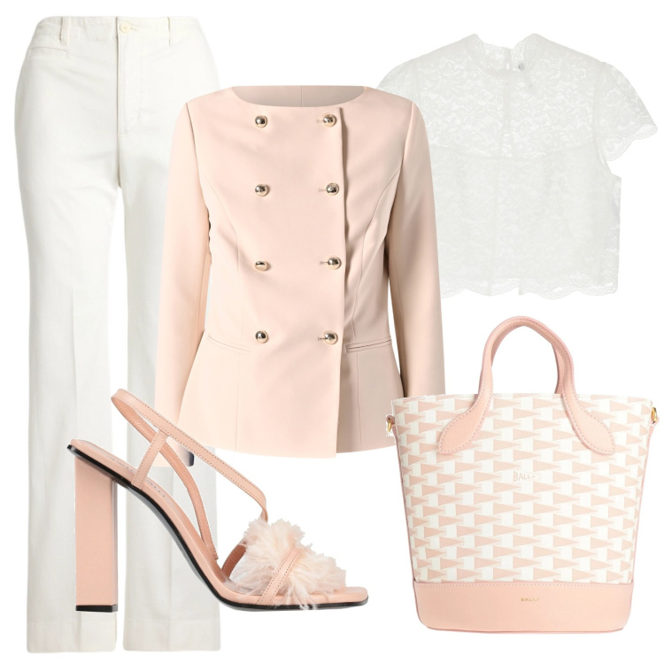 Outfit donna - Eleganza chic. Stile Chic per Cerimonia. Abbinamento con sandali in pelle, borse a secchiello, blazer, top, pantaloni.