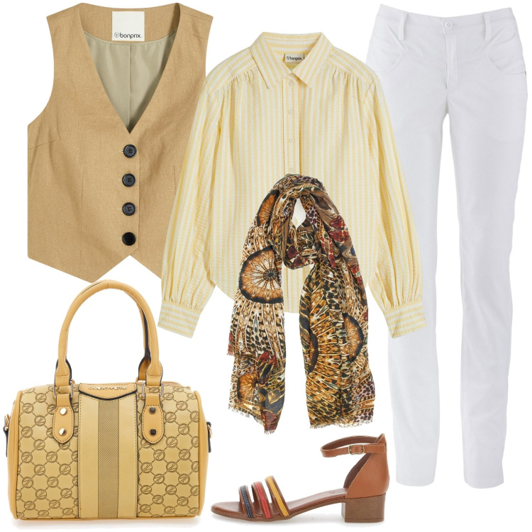 Outfit donna - Mix and match un po\' mannish. Stile Mannish per Tutti i giorni. Abbinamento con pantaloni, camicie, gilet, sandali col tacco, borse a spalla, foulard.