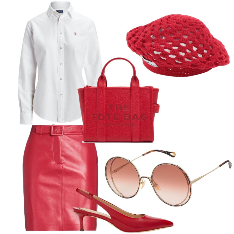 Outfit donna - Rosso. Stile Chic per Serata fuori. Abbinamento con minigonne, cappelli e berretti, occhiali da sole, camicie, décolleté, shopping bag.