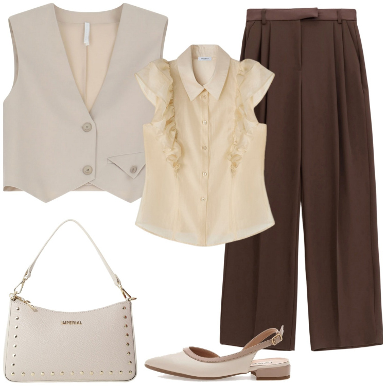 Outfit donna - Mannish casual chic. Stile Mannish per Tutti i giorni. Abbinamento con gilet, borse a spalla, pantaloni, ballerine, camicie.