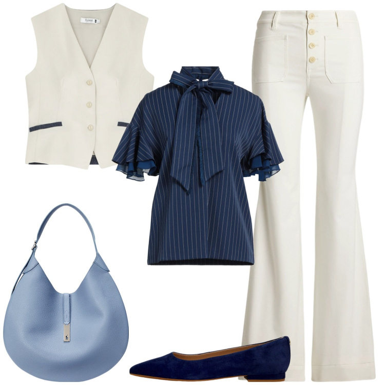 Outfit donna - Gilet e fiocco. Stile Casual chic per Tutti i giorni. Abbinamento con top, gilet, ballerine, pantaloni, borse a spalla.