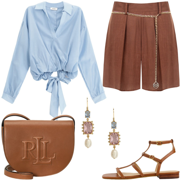 Outfit donna - Elegante in shorts. Stile Chic per Tutti i giorni. Abbinamento con shorts, bluse, borse a tracolla, sandali, orecchini.