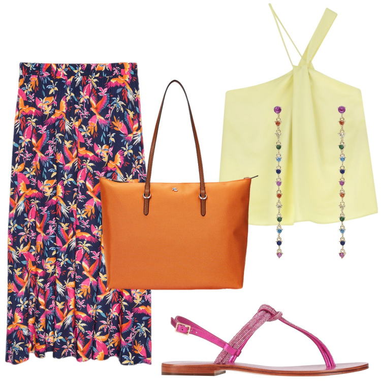 Outfit donna - Total look #2129433. Abbinamento con infradito, orecchini, top, borse tote, gonne lunghe.