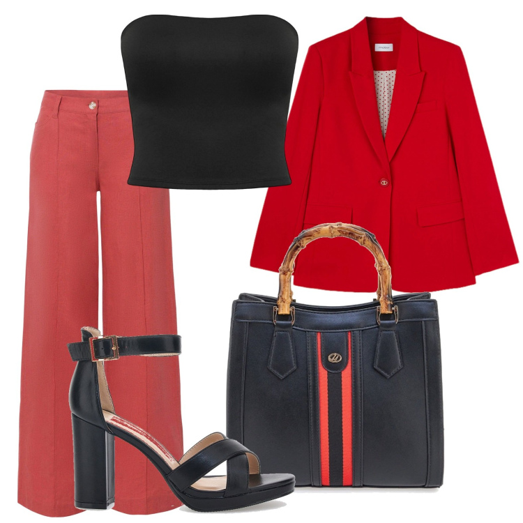 Outfit donna - Tocco di rosso. Stile Casual chic per Ufficio. Abbinamento con pantaloni a palazzo, top, borse a tracolla, sandali col tacco, blazer.