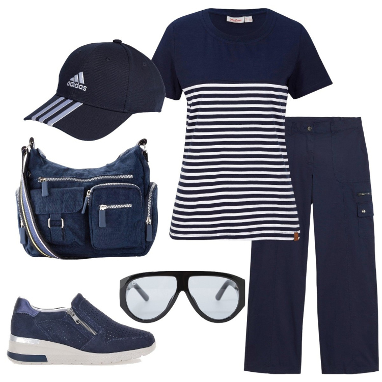 Outfit donna - Gita a Roma. Stile Casual per Tutti i giorni. Abbinamento con t-shirt, pantaloni cargo, borse a tracolla, occhiali da sole, cappelli con visiera, sneakers.