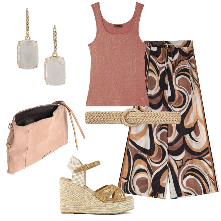 Outfit donna - Total look #2129448. Stile Boho per Tutti i giorni. Abbinamento con borse a tracolla, cinture, pantaloni, canottiere, orecchini, zeppe.