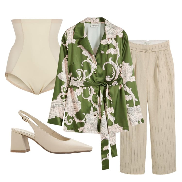 Outfit donna - La blusa fantasia. Stile Bon Ton per Serata fuori. Abbinamento con bluse, décolleté, culotte, pantaloni.