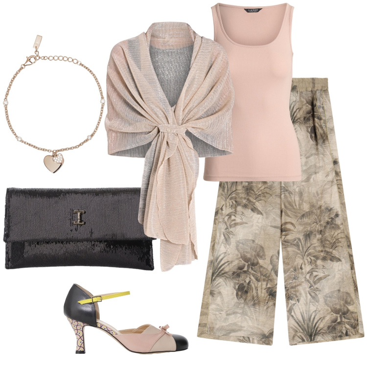 Outfit donna - Total look #2129453. Stile Boho per Tutti i giorni. Abbinamento con stole, braccialetti con ciondoli, pantaloni, borse a tracolla, décolleté, canottiere.