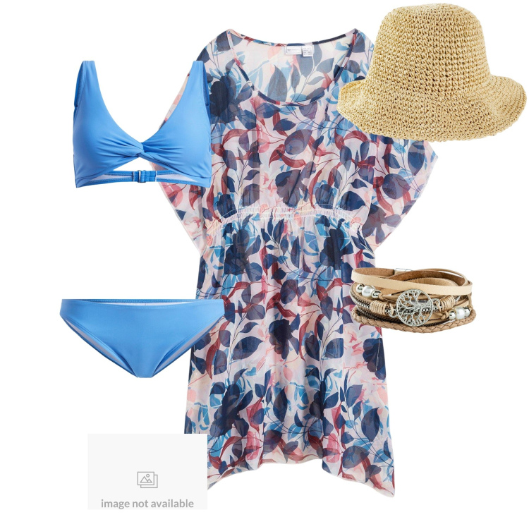 Outfit donna - Alla spiaggia. Stile Casual chic per Mare. Abbinamento con braccialetti, ciabatte, cappelli, bikini, vestiti da spiaggia.