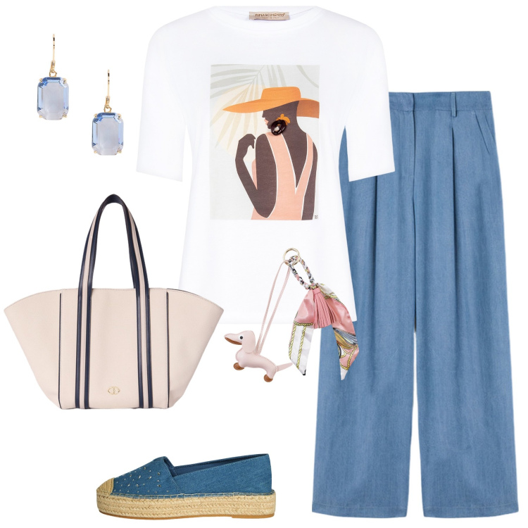 Outfit donna - Total look #2129458. Stile Casual per Tutti i giorni. Abbinamento con espadrillas, t-shirt, portachiavi, orecchini, pantaloni a palazzo, shopping bag.