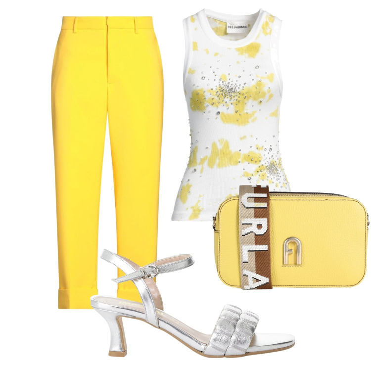 Outfit donna - Giallo top. Stile Casual chic per Tutti i giorni. Abbinamento con canottiere, pantaloni, borse a tracolla, sandali col tacco.