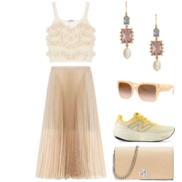 Outfit donna - Leggera come l\'aria. Stile Casual chic per Serata fuori. Abbinamento con sneakers, top, gonne lunghe, borse a tracolla, occhiali da sole, orecchini.