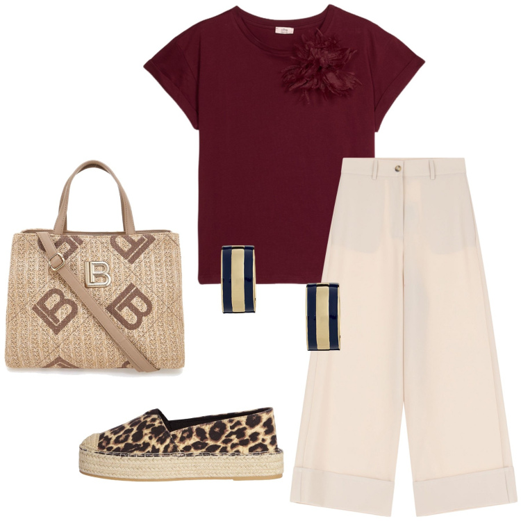 Outfit donna - Total look #2129463. Stile Chic per Tutti i giorni. Abbinamento con espadrillas, pantaloni a palazzo, orecchini, t-shirt, borse a tracolla.