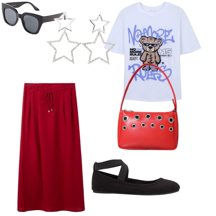 Outfit donna - Una giornata estiva. per Tutti i giorni. Abbinamento con ballerine, occhiali da sole, orecchini, gonne lunghe, t-shirt, borse a mano.