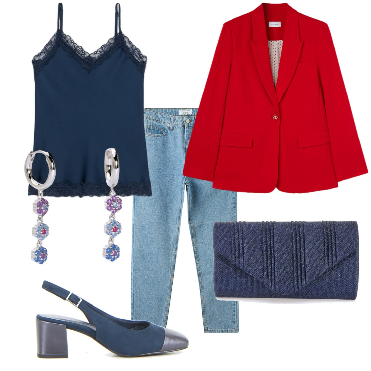 Outfit donna - Total look #2129471. Stile Casual chic per Serata fuori. Abbinamento con jeans mom, orecchini, clutch, blazer, top, décolleté.