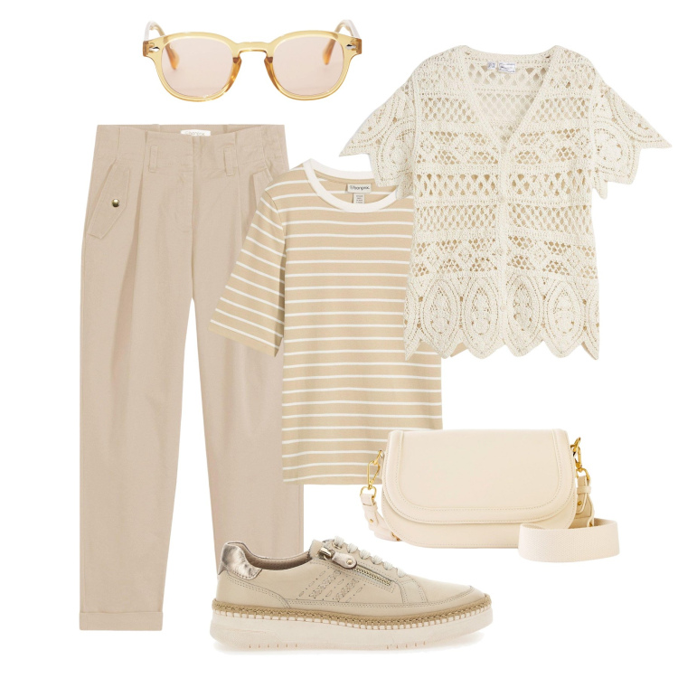 Outfit donna - Look nude in città. Stile Trendy per Tutti i giorni. Abbinamento con pantaloni, t-shirt, cardigans, borse a spalla, occhiali da sole, scarpe stringate.