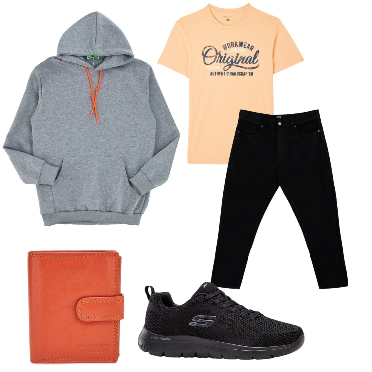 Outfit uomo - Total look #2129474. Stile Urban per Tutti i giorni. Abbinamento con sneakers, t-shirt, pantaloni, felpe con cappuccio, portafogli.