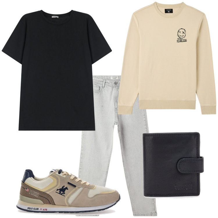Outfit uomo - Total look #2129476. Stile Urban per Tutti i giorni. Abbinamento con felpe, jeans, t-shirt, sneakers, portafogli.