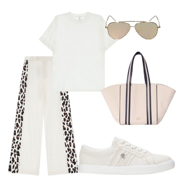 Outfit donna - Comoda in città. Stile Casual per Tutti i giorni. Abbinamento con pantaloni a palazzo, t-shirt, sneakers, occhiali da sole, shopping bag.