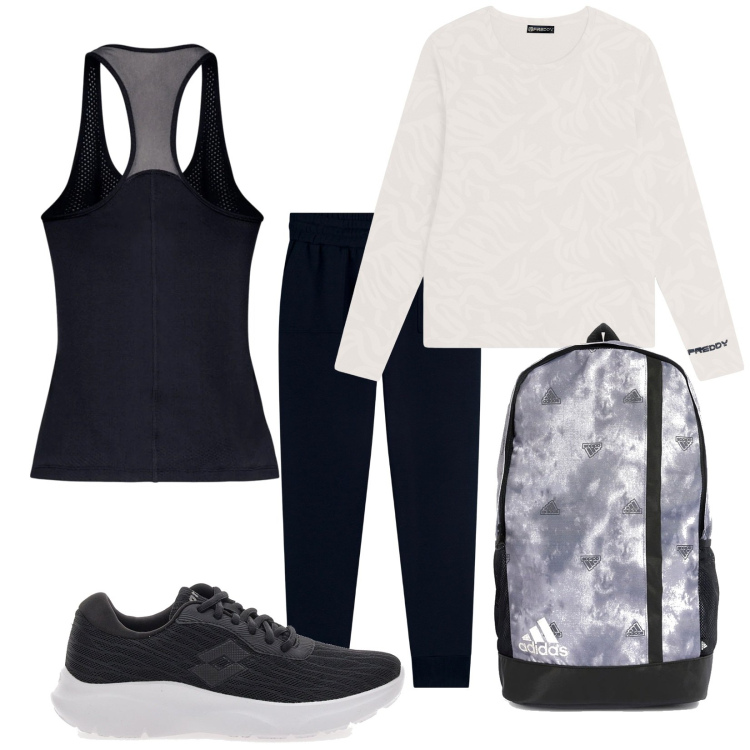 Outfit donna - Sportiva. Stile Casual per Tutti i giorni. Abbinamento con pantaloni, t-shirt sportive, scarpe sportive, borse sportive, canottiere.