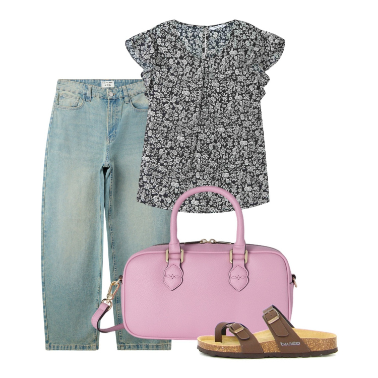 Outfit donna - Maggio. Stile Casual per Tutti i giorni. Abbinamento con bluse, jeans, ciabatte, borse a mano.