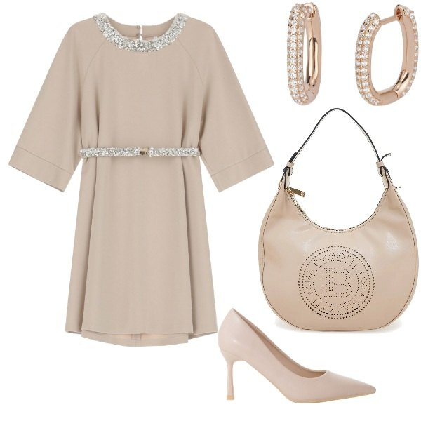Outfit donna - A cena fuori. Stile Casual chic per Serata fuori. Abbinamento con orecchini, décolleté, vestiti corti, borse a spalla.