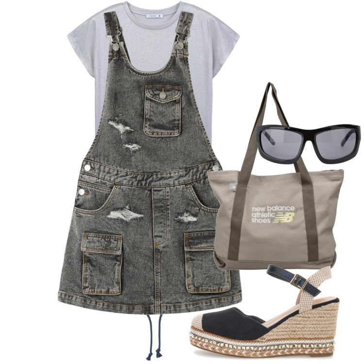Outfit donna - Maggio urban. Stile Urban per Tutti i giorni. Abbinamento con t-shirt, salopette, shopping bag, occhiali da sole, zeppe.