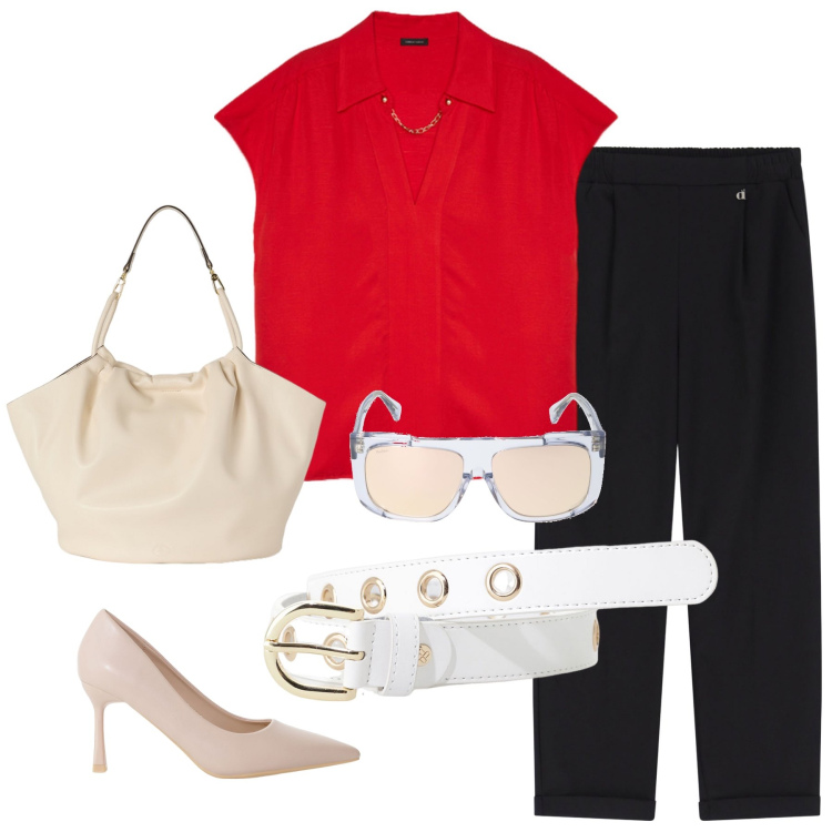 Outfit donna - Total look #2129486. Stile Chic per Tutti i giorni. Abbinamento con décolleté, cinture, pantaloni, bluse, occhiali da sole, borse a secchiello.