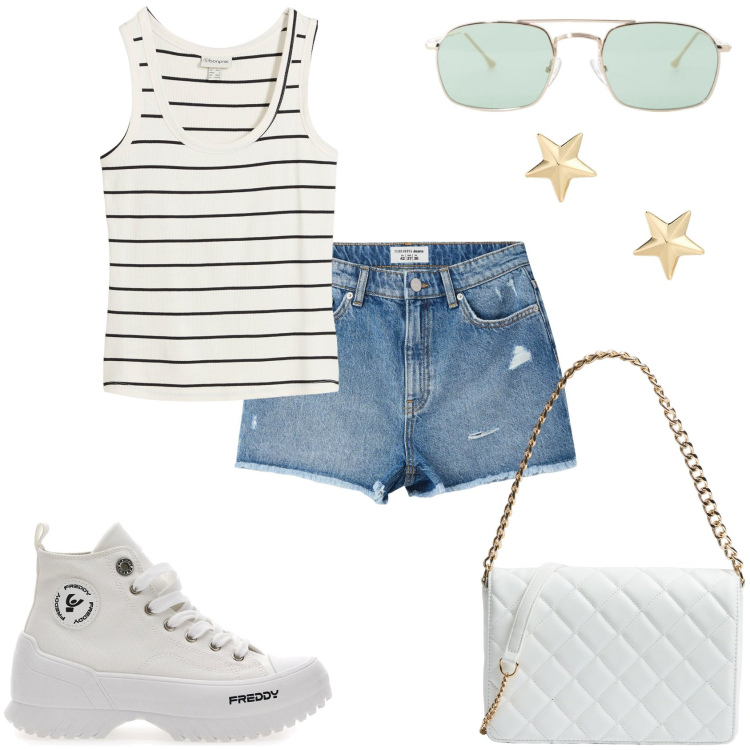 Outfit donna - In giro per compere. Stile Casual per Tutti i giorni. Abbinamento con canottiere, shorts, borse a tracolla, occhiali da sole, orecchini, sneakers.