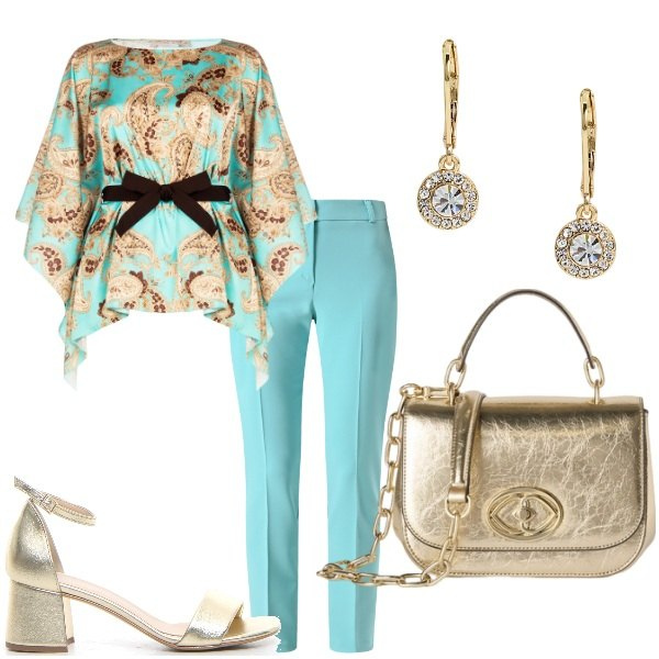 Outfit donna - Cerimonia in turchese e oro. Stile Glamour per Cerimonia. Abbinamento con bluse, pantaloni, orecchini, borse a tracolla, sandali col tacco.