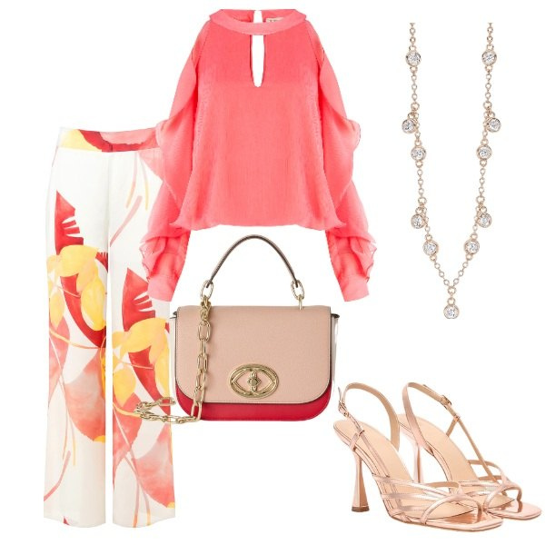 Outfit donna - Compleanno a sopresa. Stile Glamour per Serata fuori. Abbinamento con collane, bluse, pantaloni, borse a tracolla, sandali col tacco.
