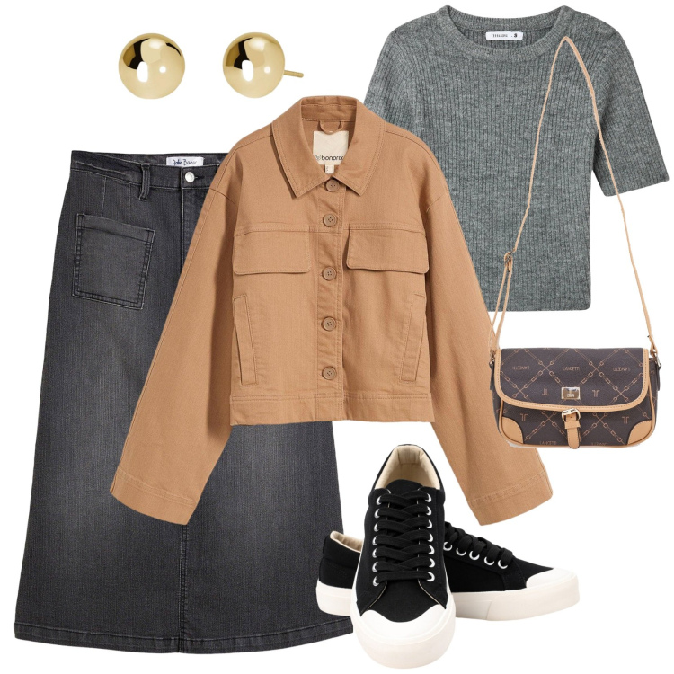Outfit donna - La midi in jeans nero. Stile Casual per Tutti i giorni. Abbinamento con gonne longuette, blazer, t-shirt, orecchini, borse a tracolla, sneakers.