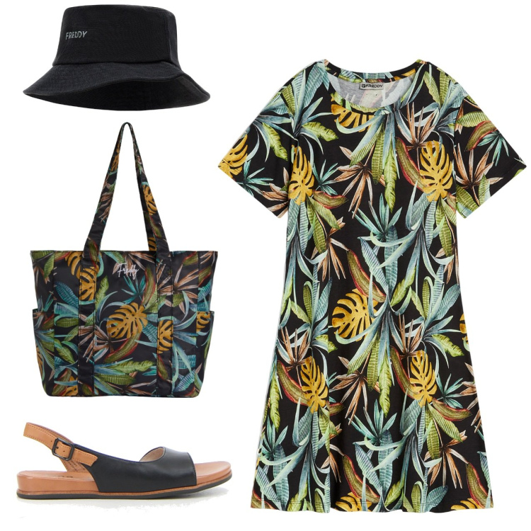 Outfit donna - Tropical. Stile Casual per Mare. Abbinamento con shopping bag, vestiti, cappelli, sandali.