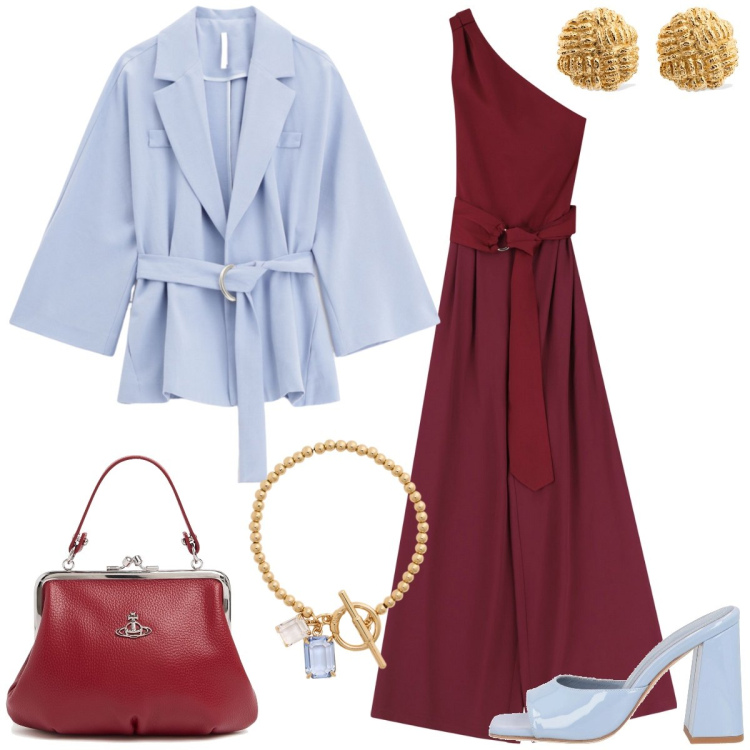 Outfit donna - Tuta chic. Stile Chic per Tutti i giorni. Abbinamento con sandali in pelle, blazer, tute, braccialetti, borse a mano, orecchini.