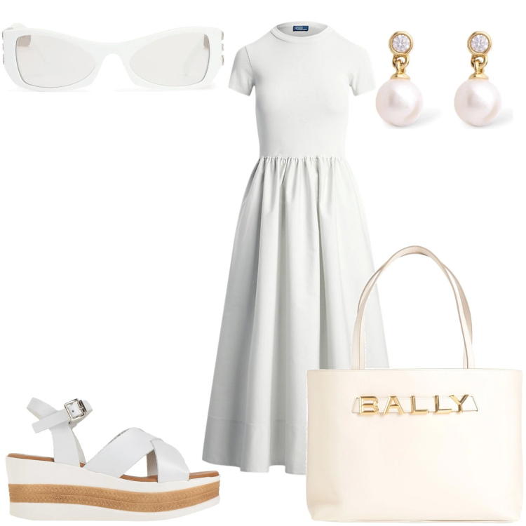 Outfit donna - Abito in cotone a maniche corte. Stile Casual chic per Tutti i giorni. Abbinamento con sandali in pelle, borse a mano, vestiti, orecchini, occhiali da sole.