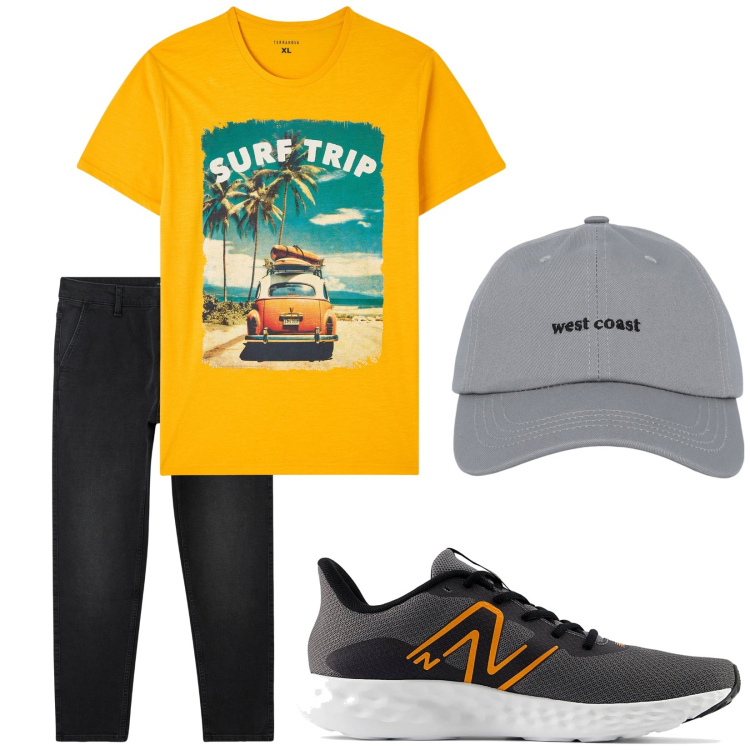 Outfit uomo - La t-shirt direzione estate. Stile Trendy per Tutti i giorni. Abbinamento con jeans, cappelli con visiera, t-shirt, sneakers.