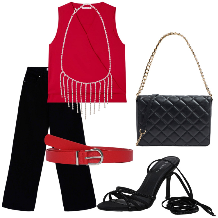 Outfit donna - Occasioni. Stile Glamour per Serata fuori. Abbinamento con bluse, cinture, pantaloni, sandali alla schiava, collane, borse a tracolla.