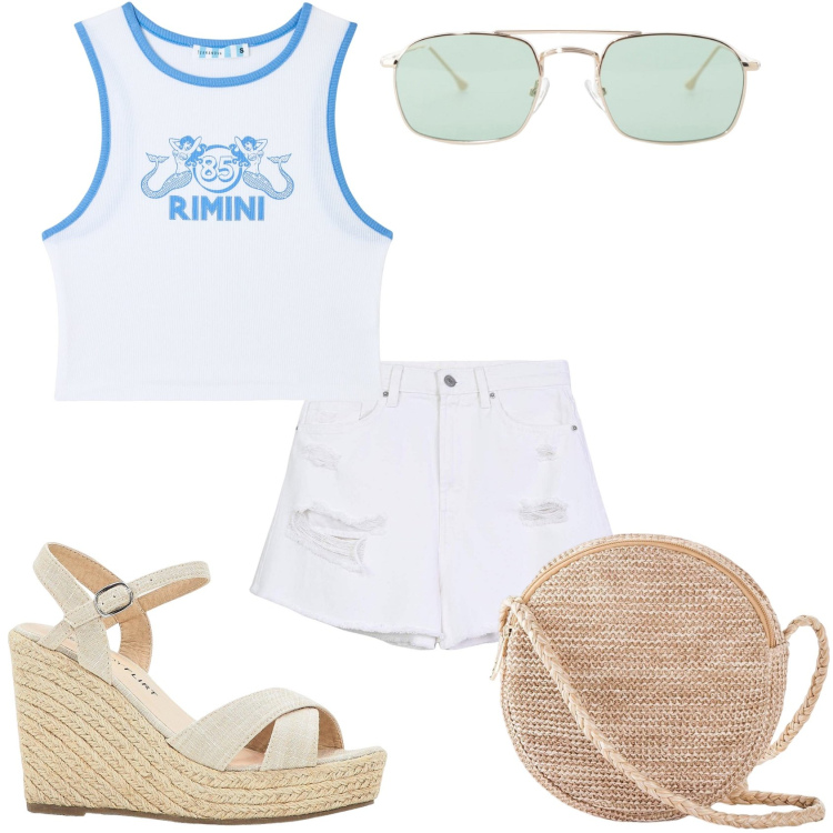Outfit donna - Estate in pantaloncino. Stile Casual per Tutti i giorni. Abbinamento con sandali, borse a tracolla, canottiere, shorts, occhiali da sole.