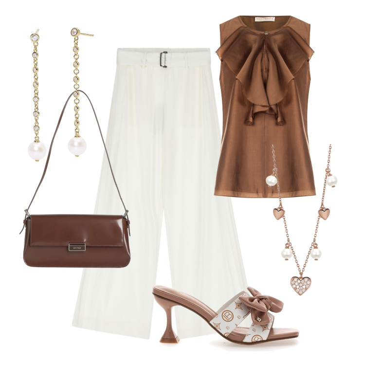 Outfit donna - Elegante in due mosse. Stile Glamour per Tutti i giorni. Abbinamento con borse a spalla, pantaloni, orecchini, collane, bluse, sandali.