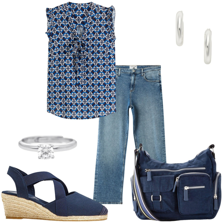 Outfit donna - Jeans e blusa per la città. Stile Casual chic per Tutti i giorni. Abbinamento con borse a tracolla, sandali col tacco, top, jeans dritti, anelli, orecchini.