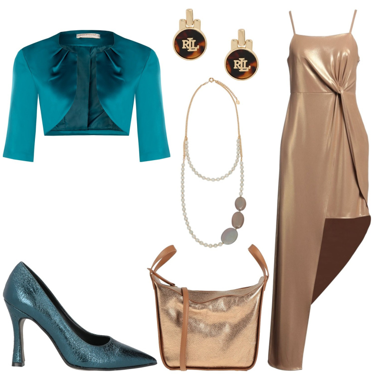 Outfit donna - La testimone della sposa. Stile Glamour per Cerimonia. Abbinamento con vestiti lunghi, décolleté, borse a mano, bolero, orecchini, collane.