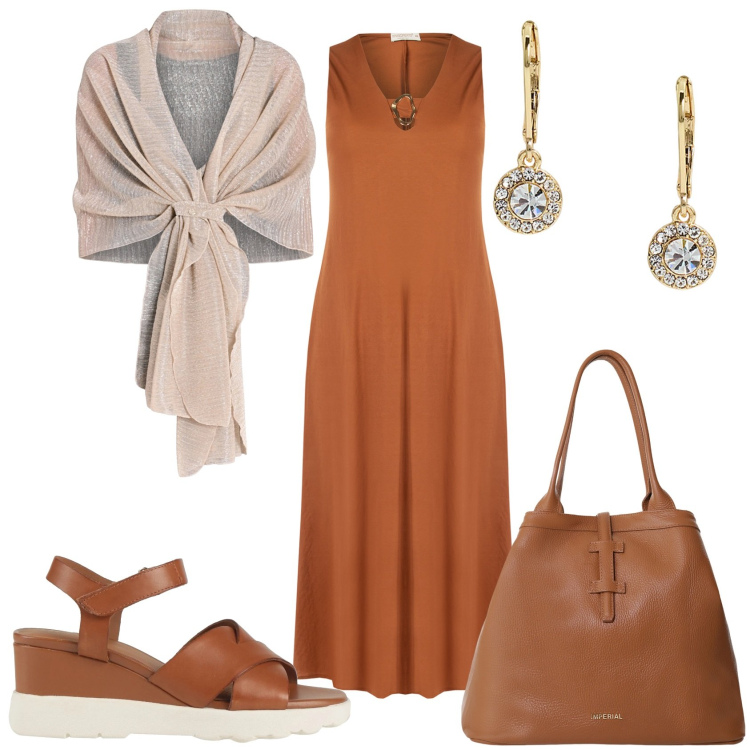 Outfit donna - Aperitivo pomeridiano. Stile Glamour per Tutti i giorni. Abbinamento con sandali in pelle, stole, vestiti senza maniche, borse tote, orecchini.