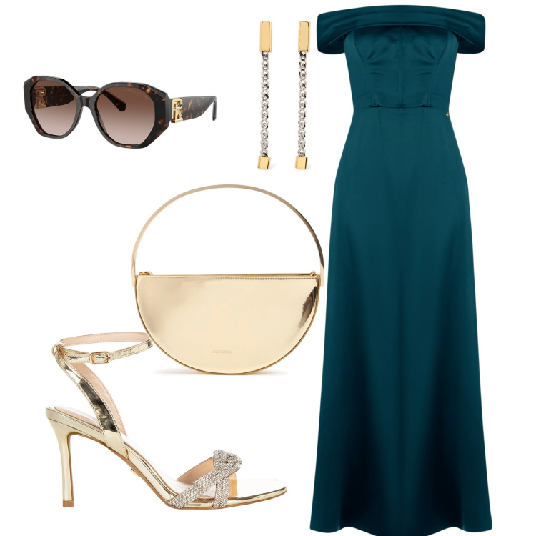 Outfit donna - Mini bag in oro. Stile Glamour per Cerimonia. Abbinamento con vestiti lunghi, sandali col tacco, occhiali da sole, pochette, orecchini.