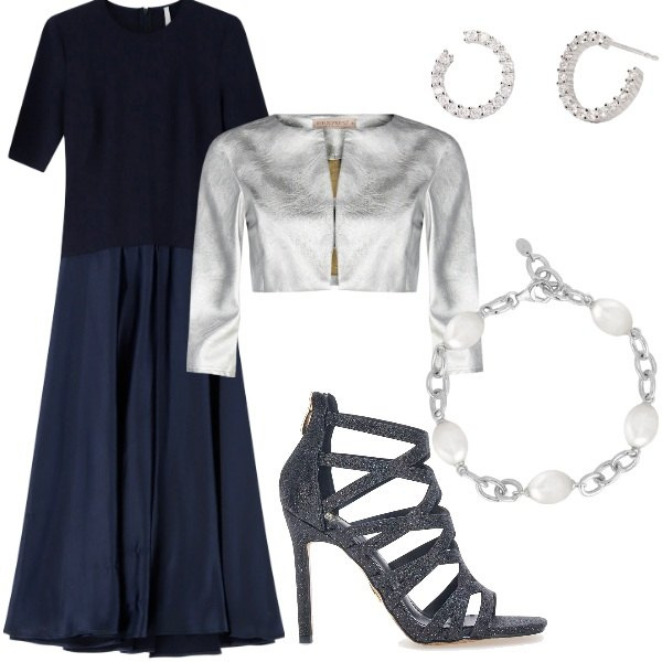 Outfit donna - Compleanno di sera. Stile Glamour per Serata fuori. Abbinamento con braccialetti, orecchini, bolero, vestiti midi/longuette, sandali col tacco.