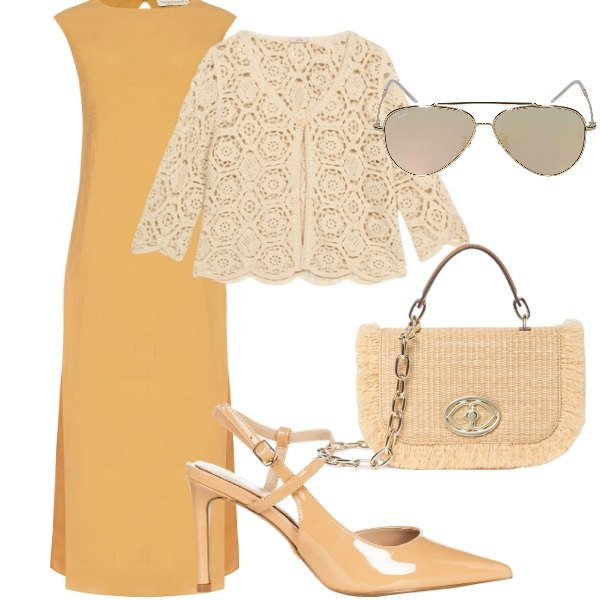 Outfit donna - Il giacchino traforato. Stile Casual chic per Tutti i giorni. Abbinamento con vestiti senza maniche, décolleté, occhiali da sole, borse a tracolla, cardigans.