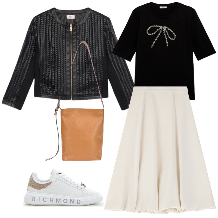 Outfit donna - In città con le amiche. Stile Casual chic per Tutti i giorni. Abbinamento con gonne longuette, giacche, sneakers, borse a secchiello, t-shirt.