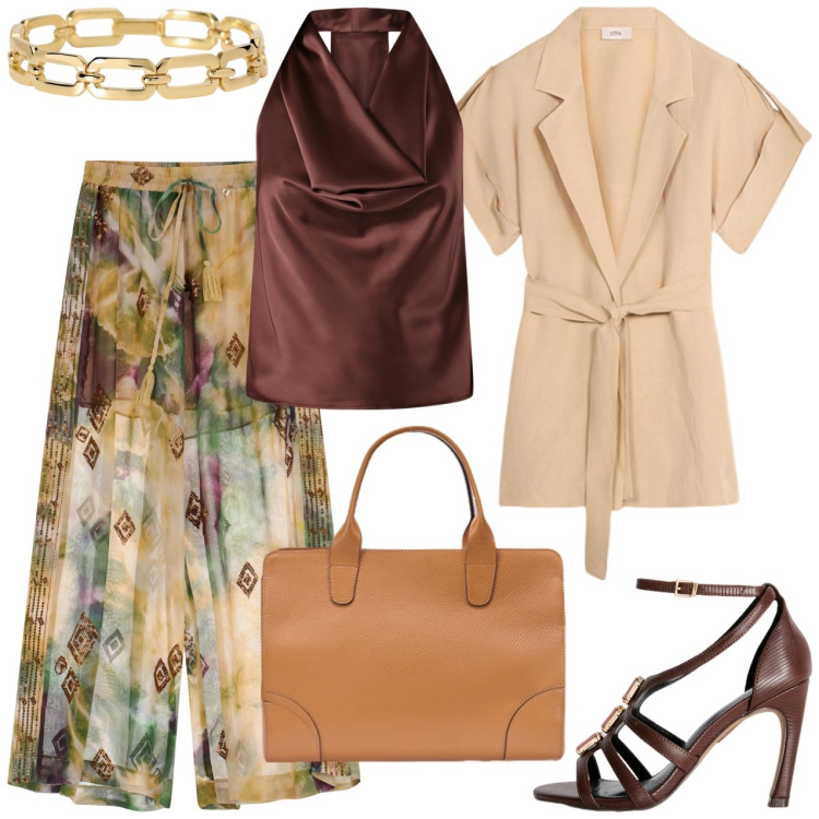 Outfit donna - Sofisticata. Stile Mannish per Ufficio. Abbinamento con braccialetti, top, pantaloni a palazzo, borse tote, sandali gioiello, blazer.