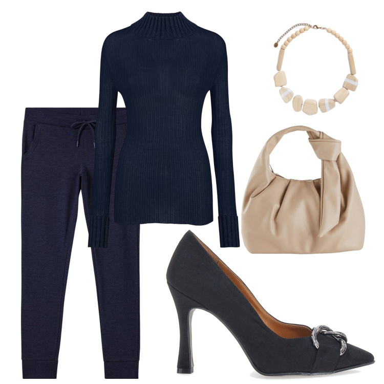 Outfit donna - Ufficio in blu. Stile Casual chic per Ufficio. Abbinamento con borse a mano, pantaloni, décolleté, maglieria, collane.