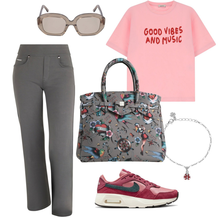 Outfit donna - Lucky Vibes. Stile Casual per Tutti i giorni. Abbinamento con borse a mano, braccialetti con ciondoli, pantaloni, t-shirt, sneakers, occhiali da sole.
